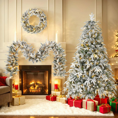 Couronne de Noël enneigée avec guirlande de Noël et sapin de Noël, 3 décorations de Noël enneigées avec lumières DEL chaudes, guirlande de 9 pi, couronne de Noël, arbre de Noël de 6 pi
