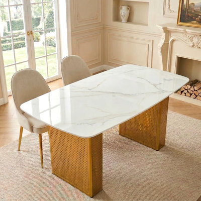 Modern Rectangular Tempered Glass Dining Table With Marble Pattern And Gold Metal Pedestal Base For Home Office And Dining Room