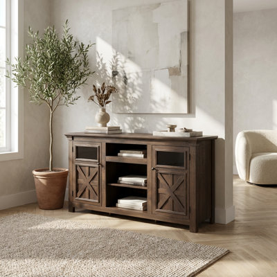 Grande console multimédia de style campagnard avec portes en verre et tablettes réglables, centre de divertissement au fini espresso pour le rangement du salon