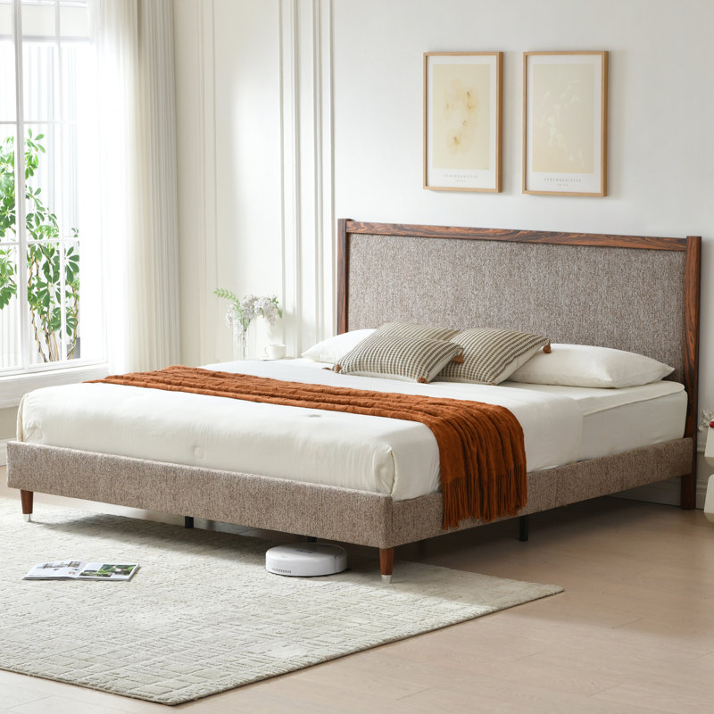 Lit plateforme en bois avec base rembourrée, Café, King