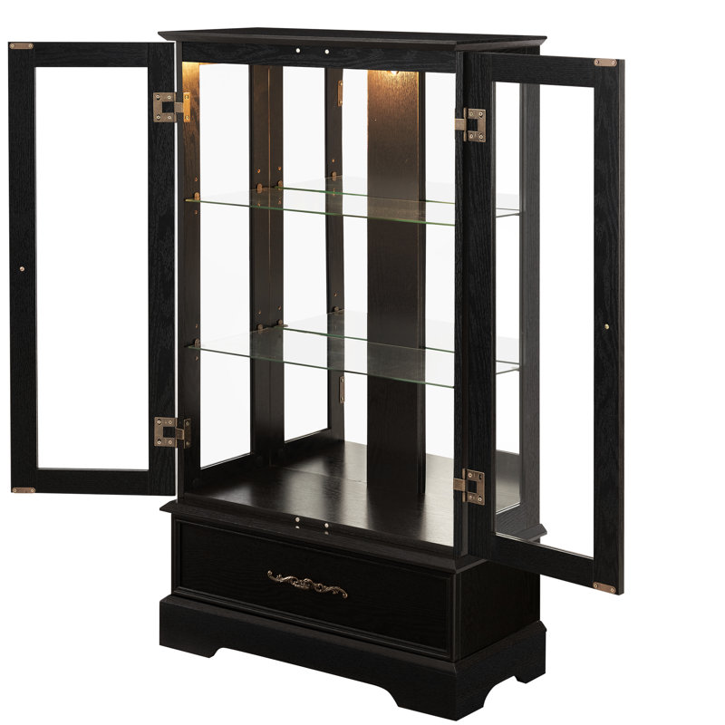Adjustable Shelf Lighted Glass Curio With Built - In Drawer And Vintage Metal Handle, Black, For Treasures Exhibition Retro Display Cabinet 2 Shelves Barware