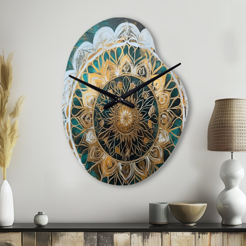Horloge murale sarcelle et or Mandala I - Boho Mandala, Grand