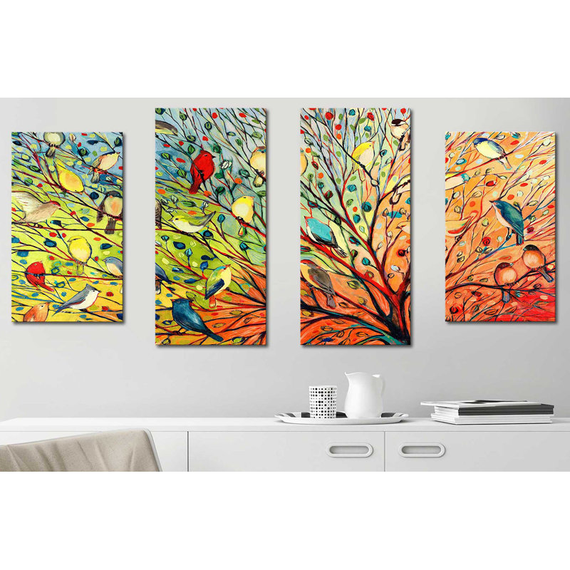 27 oiseaux par Jennifer Lommers - ensemble de 4 reproductions sur toiles tendues, H 30 po x l 56 po x P 1 po
