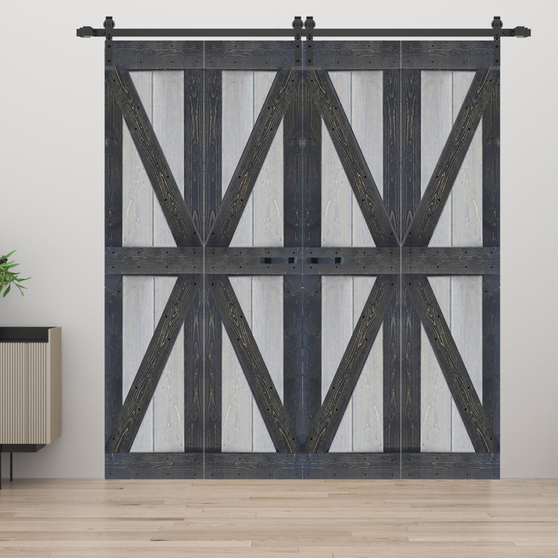 French Gray and Carbon Gray Solid Wood Bi-Fold Barn Door with Hardware Kit