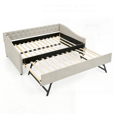 Daybed With USB Charging, Twin Size Pull-Out Extendable Bed, Button Back, And Copper Nail Waved Shape Arms For Modern Comfort