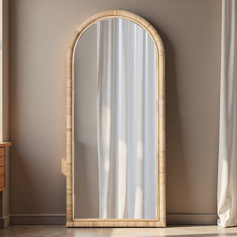 Retro Rattan Arched Floor-Mounted Full-Length Mirror, 62.99" x 19.69"