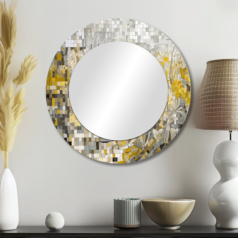 Stéréo jaune et crème bohémien Medley I - mosaïque murale Boho, miroir rond jaune, 23 po x 23 po