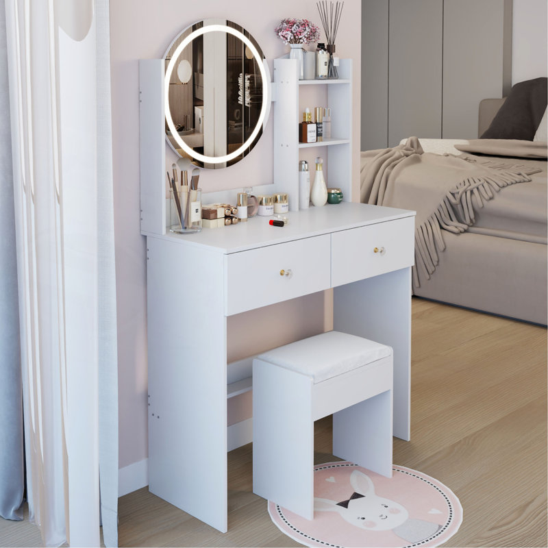 Ensemble de coiffeuse à miroir rond de 17 po à DEL avec ensemble de tabourets à coussin moelleux, grand miroir, interrupteur tactile, 3 couleurs, luminosité réglable, grand bureau, rangement multicouche de grande capacité, convient aux petits espaces