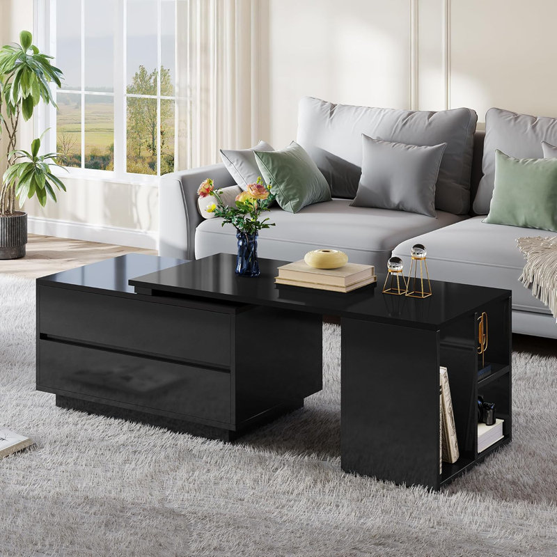 Table basse avec rangement, table centrale extensible en bois à 4 tiroirs avec tablettes ouvertes et plateau de table coulissant