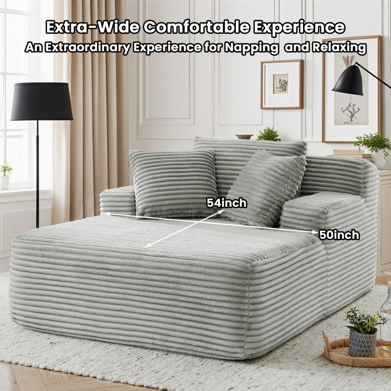 Lozena 50-Inch Corduroy Cloud Chaise Lounge Chair Indoor Compression Sofa, No Assembly Required, Light Gray