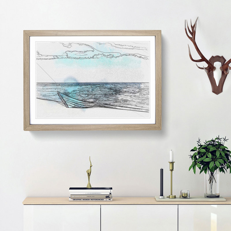 Blue Boat upon the Beach in Abstract - Picture Frame Drawing Print, 27cm H x 36cm W x 2cm D, Oak Framed