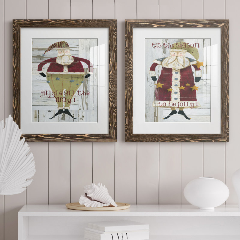 Jingle Santa - ensemble de 2 reproductions, H 24 po x l 36 po x P 1,5 po, Papier, cadre noyer, Blanc