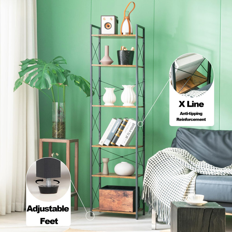 Adjustable 6 Tier Small Bookshelf, Wood - Metal Combination, Industrial Style Rustic Open Bookshelf, 16.5*11*70