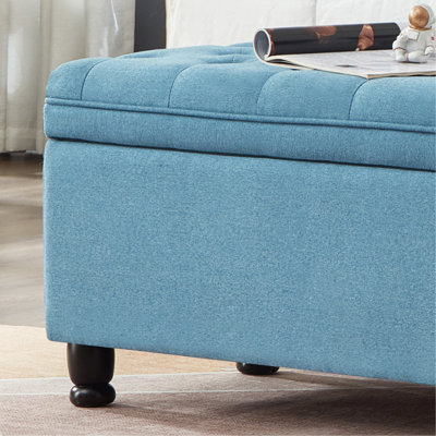Banc de rangement capitonné capitonné, banc d'entrée en tissu de lin avec pieds en bois fuselés, banc de lit - bleu clair
