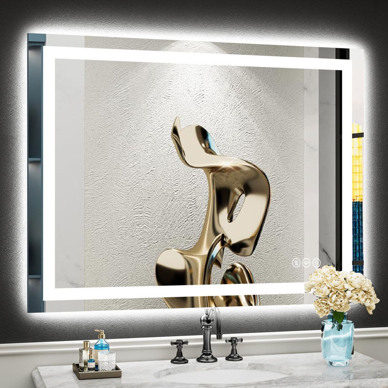 Miroir de salle de bain 3 lumières à DEL anti-buée avec rétroéclairage et éclairage frontal, miroir de meuble-lavabo en verre trempé, conforme Rohs et CRU