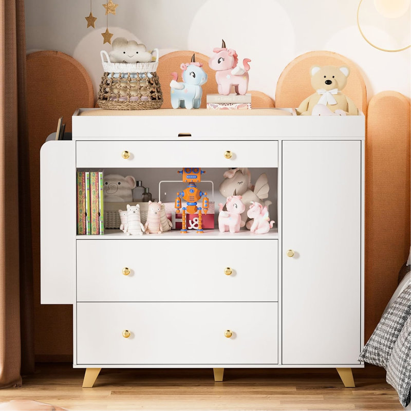 Commode à langer avec 3 tiroirs blancs, assemblage facile - confectionné, meuble-lavabo à 12 tiroirs de 54 po, tablettes ouvertes pour les tiroirs d'organisation de la chambre à coucher et plateau large, résistance intégrée, luminosité réglable