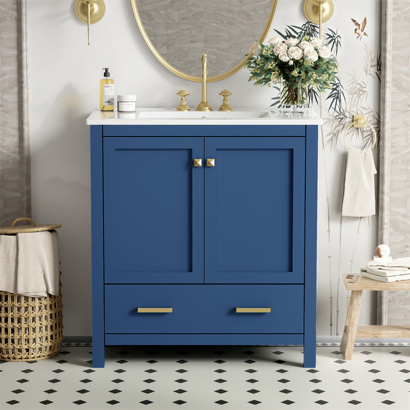 Meuble-lavabo bleu 30 po avec lavabo simple, armoire combinée, lavabo sous-comptoir, 2 portes, tiroir, fermeture en douceur et rangement multifonctionnel