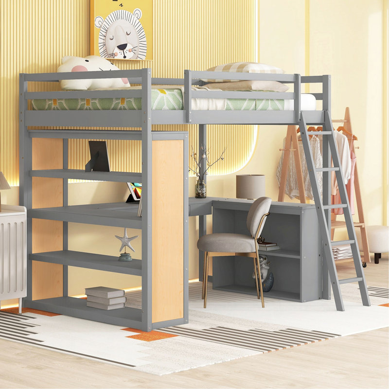 Lit mezzanine double avec échelle, tablettes et bureau