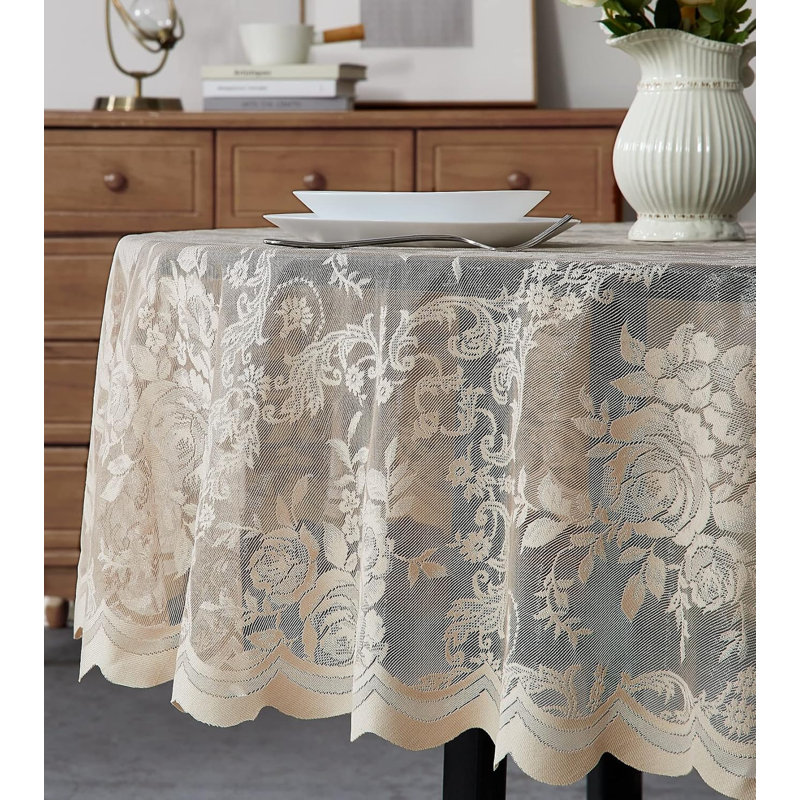 Lace Round Tablecloth With English Rose Design, Linen, Round TableCloth: 36"