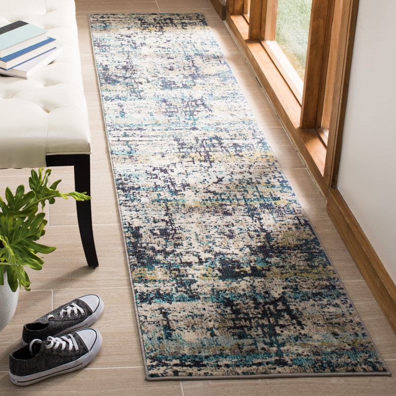 Tapis abstrait crème / bleu Felty, Tapis de couloir 2 pi x 8 pi