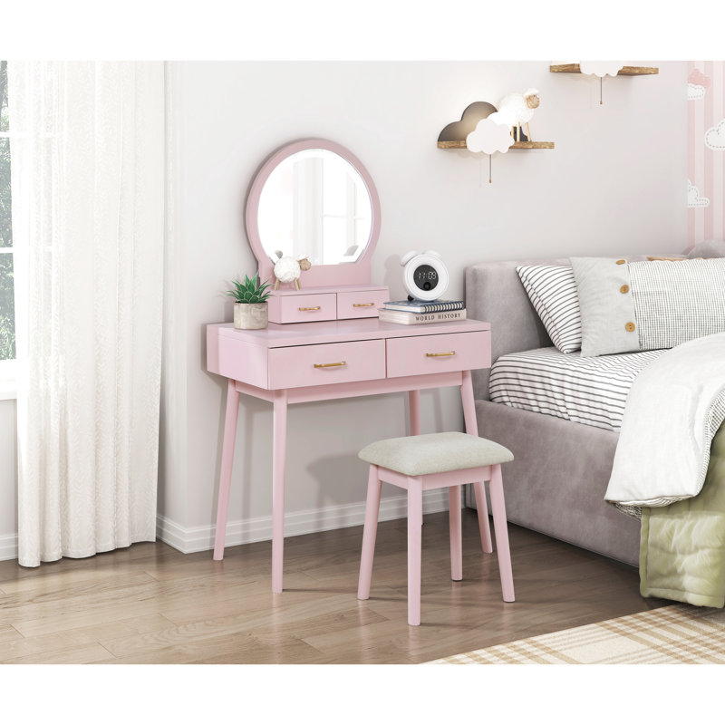 Pink Vanity For Bedroom With Mirror, Stool & Spacious Drawers Furniture And Mirror - Storage
