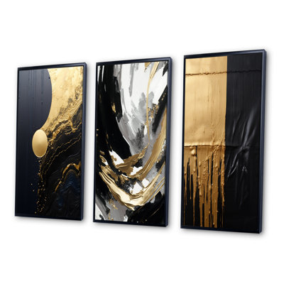 Essentiel naturel abstrait doré et noir II - ensemble de 3 peintures abstraites