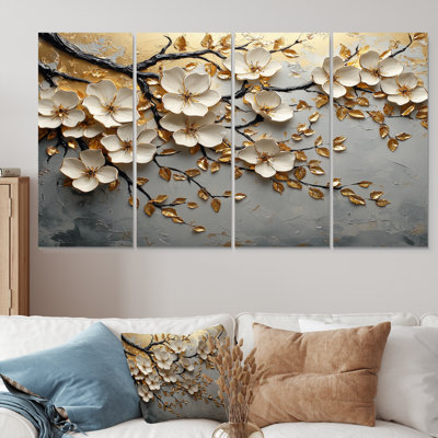 «Dreaming White and Gold Cherry Blossom Branch II», ensemble de reproductions d'art mural cerisier en fleurs