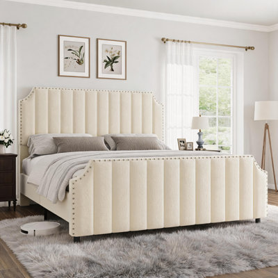 Upholstered Platform Bed with 50.2" Tall Vertical Channel Tufted Headboard, Velvet Queen Size Bed Sturdy Wooden Slats, Silent&No Box Spring Needed