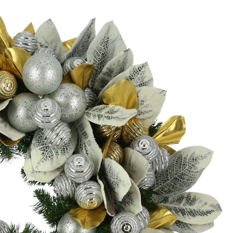32" Holiday Wreath With Magnolia Leaf And Ornaments