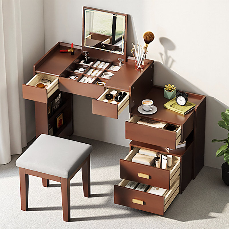45" 3-in-1 Flip-Top Vanity Desk with LED Mirror | Adjustable Length, 3-Color Lights, 5 Drawers + Side Shelf, Writing Desk/Nightstand