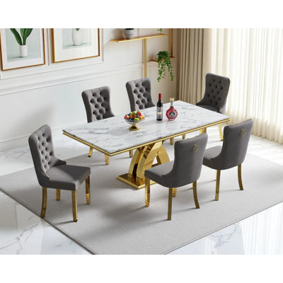 Modern 68.11" Faux Marble Dining Table Set , White Marble Dining Table with Velvet Dining Chairs, Dining Room Table and Chairs Set, Luxury Dining Table Set for Kitchen Dining