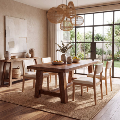 63" Solid Fir Wood Farmhouse Rectangular Dining Table for 4-6, Natural Wood Kitchen Table with Trestle Base & 2" Thick Tabletop