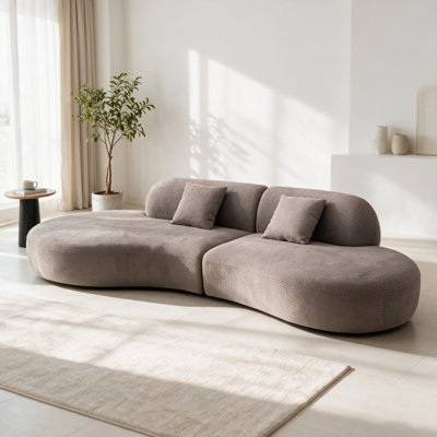 Côté gauche Camel : Canapé d'angle incurvé modulaire Cloud, canapé d'angle gauche 4 places en tissu camel, structure en bois massif, siège réglable en mousse haute densité, coussins de dossier amovibles