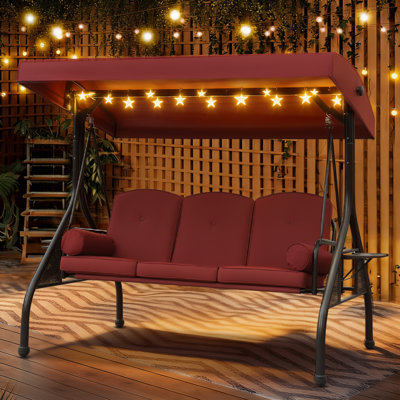 3-Seat Patio Porch Swing with Adjustable Canopy, Convertible Outdoor Swing Bed with Side Trays & Cushions