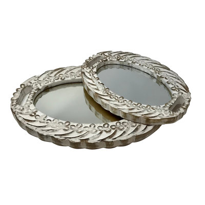 Ensemble de 2 plateaux de miroir de coiffeuse - blanc délavé