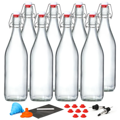 8 Pack Swing Top Glass Bottles W/ Airtight Stopper Lids – Flip Top Brewing Bottle For Fermentation, Kombucha, Mead, Vinegar, Beer, Kefir, Wine – With 8 Extra Seals & 2 Pourers