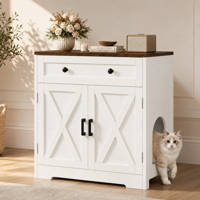 Cat litter box enclosure with storage drawers, wooden furniture with a hidden litter box, modern rustic indoor cat house that doubles as a multifunctional side table, white