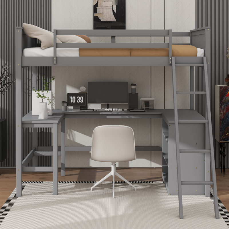 Lit mezzanine simple avec tablettes intégrées et bureau d'étude, structure en bois avec poste de travail, gris