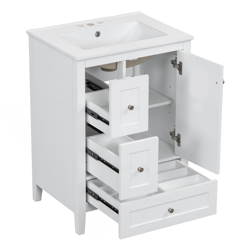 "Meuble-lavabo de 24 pouces avec rangement, tablette réglable, panneau de fibres à densité moyenne et bois d'hévéa, cloisons amovibles, finition blanc brillant"