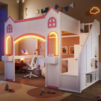 Wood Castle Loft Bed with Storage Staircase, Desk, Windows, Shelves and LED Light