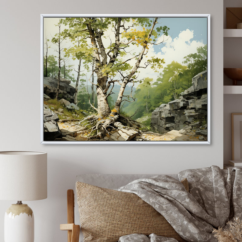 Birch Tree Forest Essence 4 - Art mural arbre, Cadre flottant blanc, H 16 po x l 32 po x P 1 po
