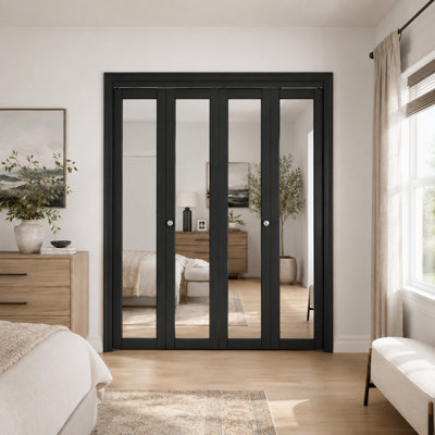 60" x 80" Black Full Lite Mirrored Double Bi-Fold Door With Installation Hardware Kit