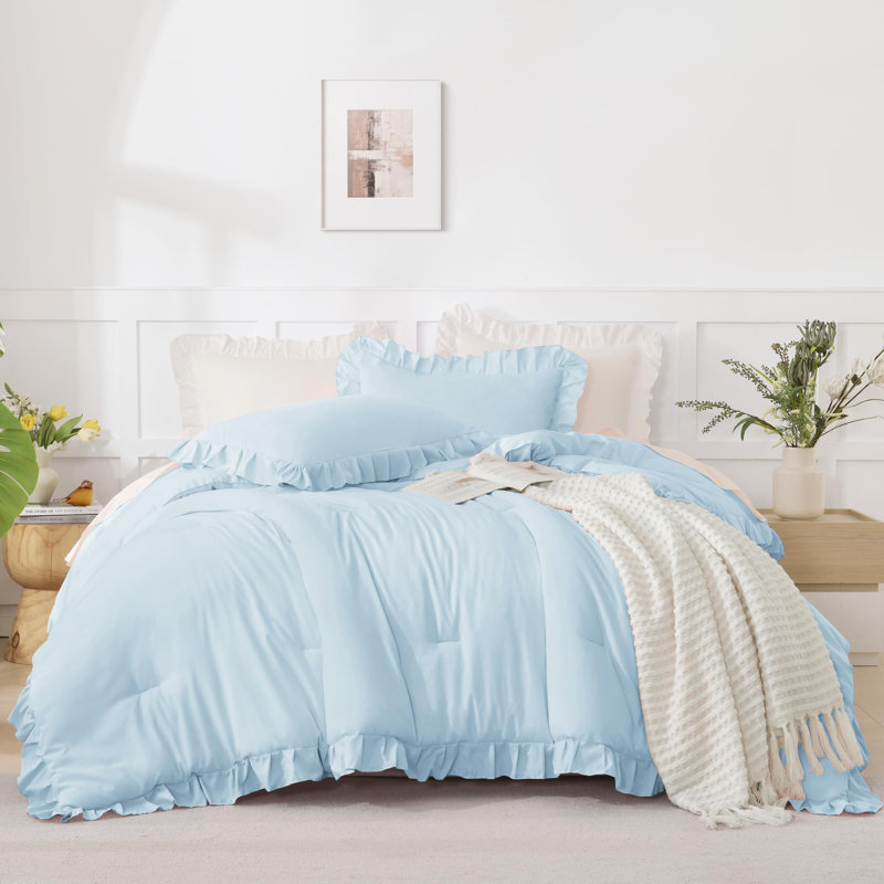 Andency Light Blue King Size Comforter Set, 3 Pieces Solid Farmhouse Bedding Comforters & Sets, All Season Western Rustic Soft Down Alternative Bed Set for Adult Men Women