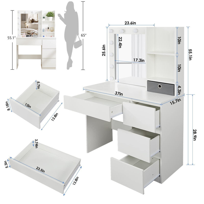 37" Vanity Table with Lighted Mirror, White