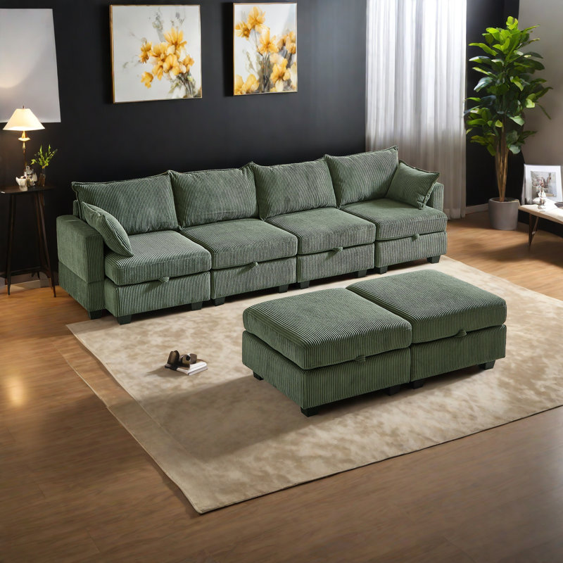 Canapé modulaire en velours côtelé de 113,5 po Sectiona, canapé modulaire en U avec repose-pieds avec rangement, canapé modulaire à 6 places avec méridienne