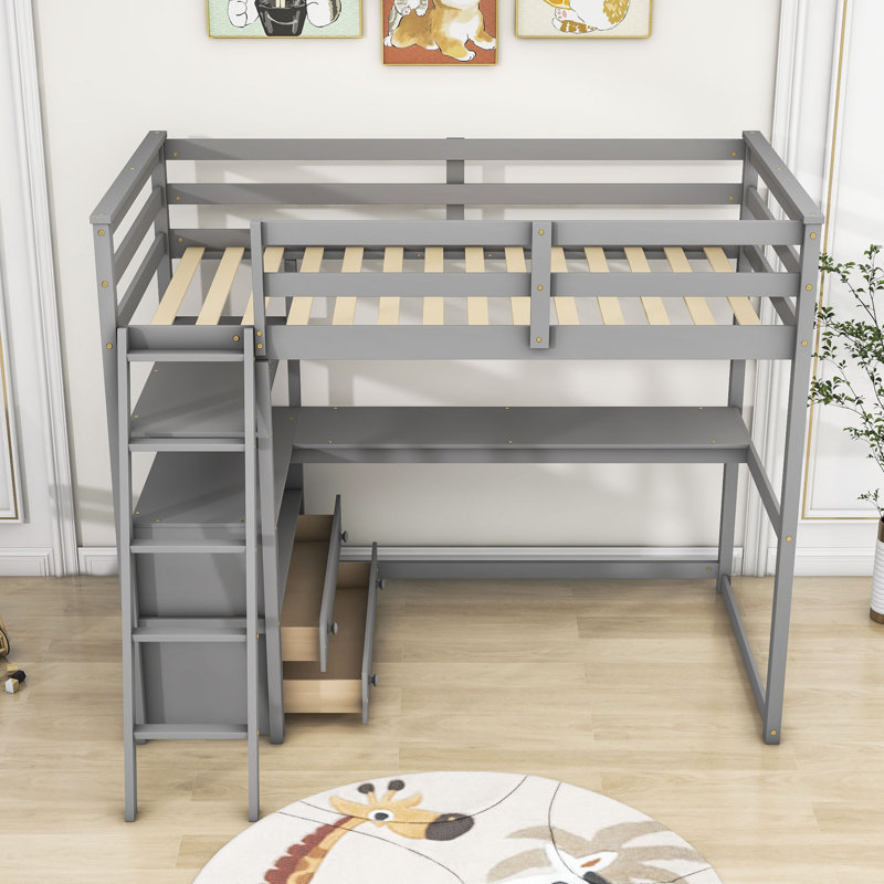 Kids Twin Loft Bed with Drawers, Gray
