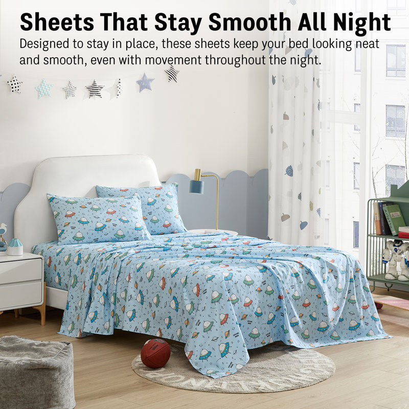 HLC.ME UFO Space Printed Kids Bed Sheets - 3 Piece Patterned Bed Sheet Set - Wrinkle Resistant & Ultra Soft - Fits Mattresses up to 15 Inches Deep - Twin