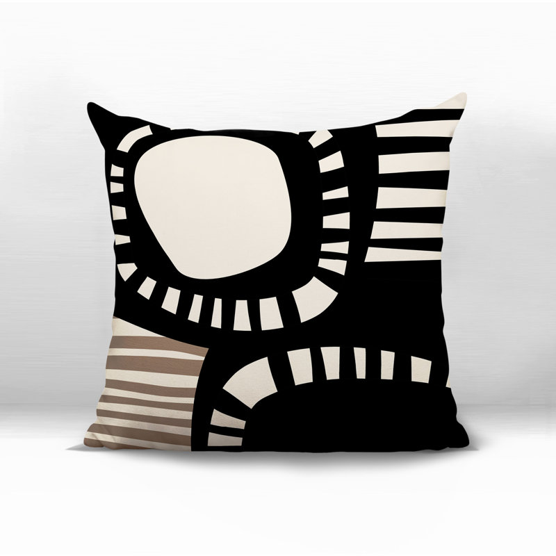 Oreiller carré réversible intérieur / extérieur Alika, Noir / blanc cassé abstrait, H 17 po x l 17 po