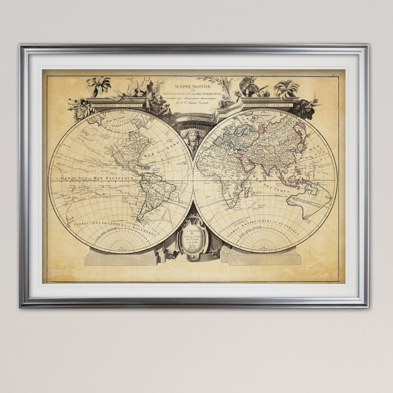 « rétro world map viii antique », impression, Argent, H 31 po x l 43 po x P 1,5 po
