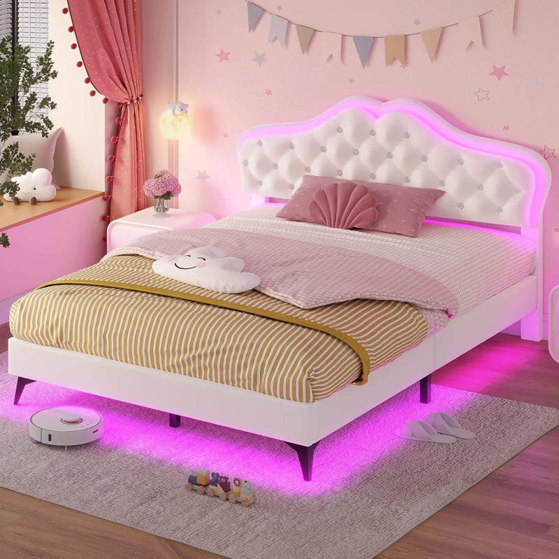 Lit plateforme tapissier en velours Princess Style, Double, Rose